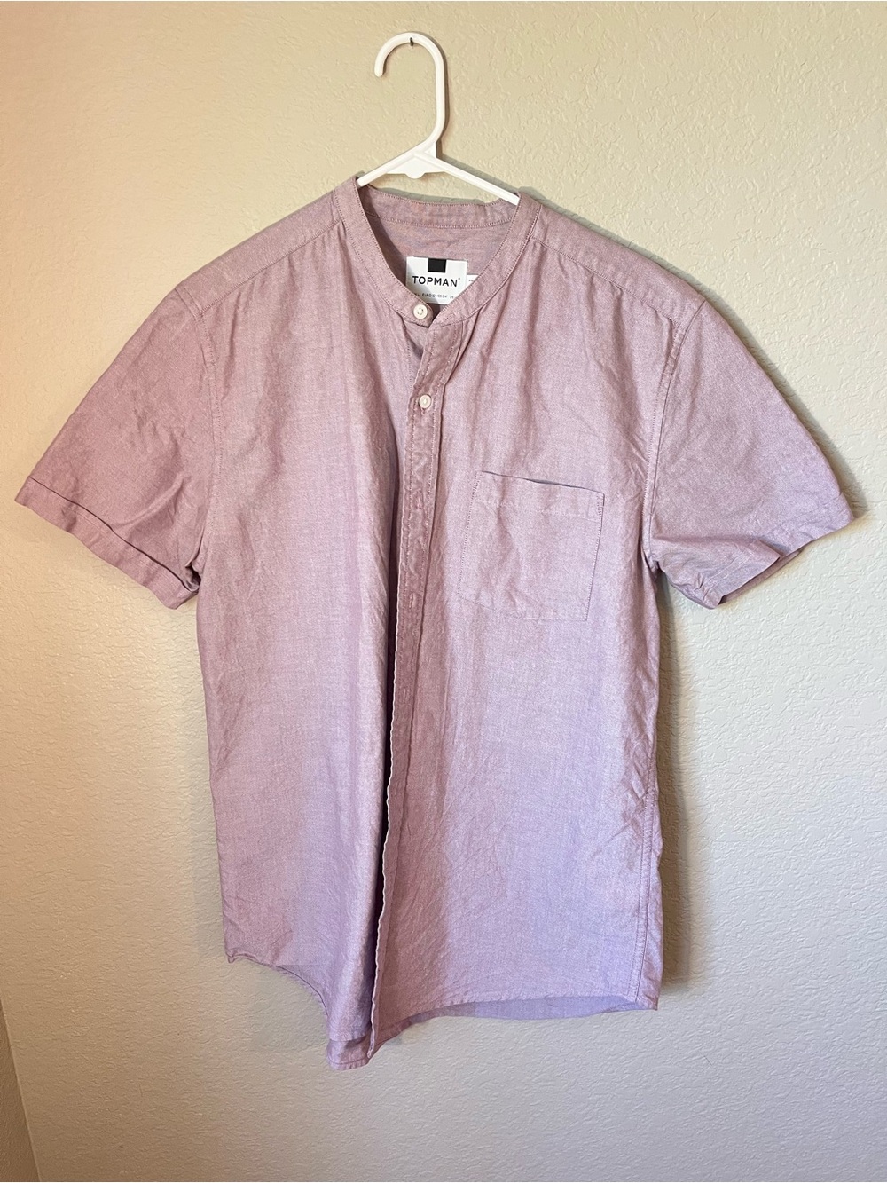 Topman Men’s Large Dusty Mauve Pink Grandad Collar Short Sleeve Shirt Wedding